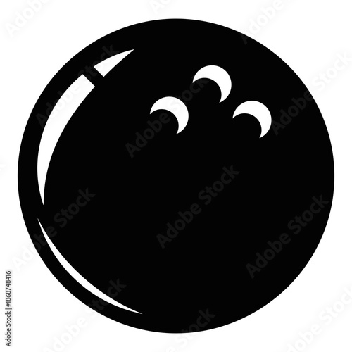 Sleek black bowling ball icon featuring three distinct finger holes for a perfect grip during competitive ten-pin bowling lane play