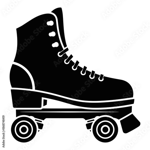 Silhouette graphic icon depicting a classic high-top roller skate boot featuring laces, wheels, and a sturdy heel brake for retro sporting activities.