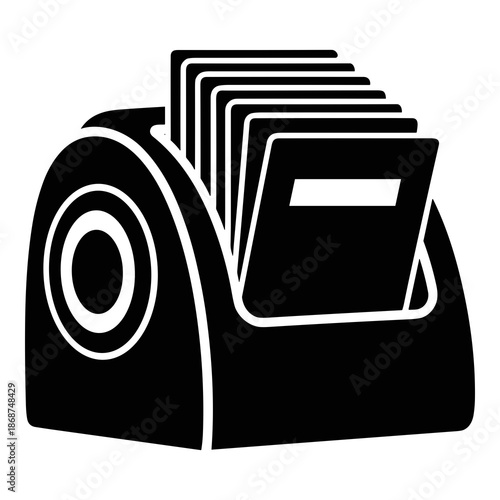 Simple black and white icon illustrating a rotary card file index containing numerous small labeled reference cards for organized record keeping.