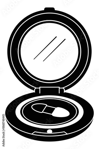 Simple black and white icon representing an open compact mirror case containing pressed powder and a small applicator brush for easy cosmetic application.