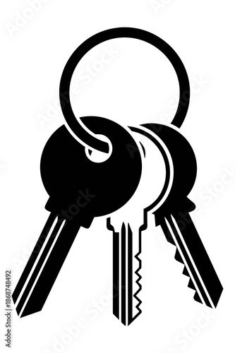 A stark black and white graphic silhouette depicts a set of three distinctive metal house keys attached securely to a circular metal keyring hardware loop.