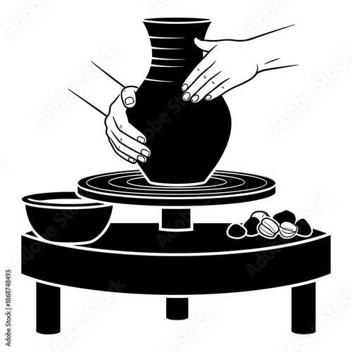 Close-up view illustrates the delicate process of skilled hands expertly shaping wet clay into a symmetrical, elegant vase using a spinning pottery wheel.