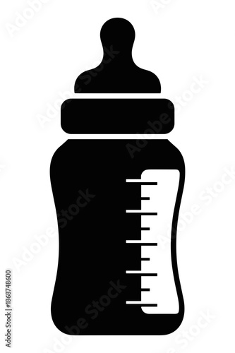 Simple black and white iconographic representation of a classic baby feeding bottle featuring a nipple top and measurement markings for milk or formula measurement.