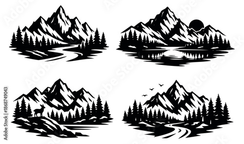 Graphic mountain landscape set featuring diverse natural scenes with pine forests, rivers, lakes and a deer for outdoor adventure designs