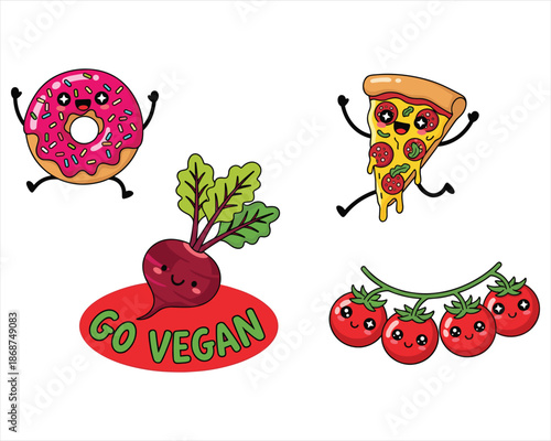 A vibrant vector set of funny cartoon fruits and healthy vegetables featuring a fresh apple, strawberry, and carrot in a colorful organic art style for nature design