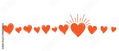 Heart border line with hand-drawn love symbols, cute romantic divider for Valentine decoration, vector