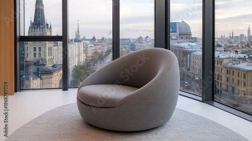 A vibrant red bean bag chair adds a pop of color to a minimalistic white room featuring a large window and natural light
