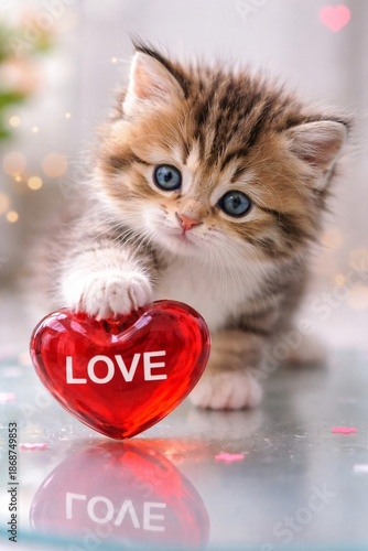 Adorable kitten touching a red glass heart with the word love, romantic Valentine’s Day concept with soft light.