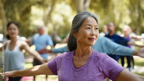 Multiracial seniors exercising outdoors. Active lifestyle, group fitness, wellness concept. Older adults doing stretching in park. Healthy aging, community support. Peaceful outdoor activity.
