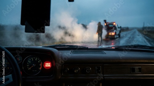 Canvas Print View from driver seat showing illuminated check engine light