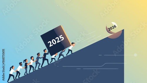 A group of people working together to push a large block representing the year 2025 up a steep hill towards a target for 2026