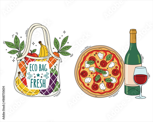 Healthy cooking vector illustration set featuring cartoon glass bottles of olive oil with fresh vegetables, tomatoes, vinegar, and kitchen icons for a delicious pizza meal design
