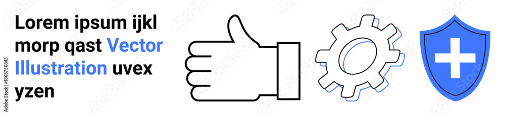 Fototapeta premium Safety, teamwork, healthcare, functionality, innovation, protection. Hand with thumbs up, gear shield with cross. Safety and teamwork concept conveying support and collaboration