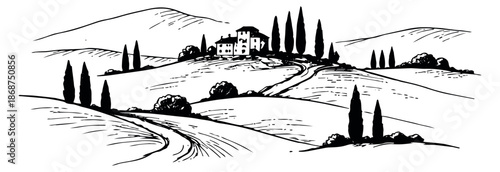 Hand drawn line art illustration of italian countryside depicting a villa and cypress trees on rolling hills for travel and vineyard themes