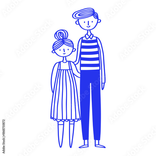 Son and Daughter Standing Together Doodle Illustration