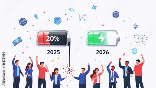 A vector graphic illustration of people celebrating the transition from a nearly depleted battery in 2025 to a fully charged battery in 2026