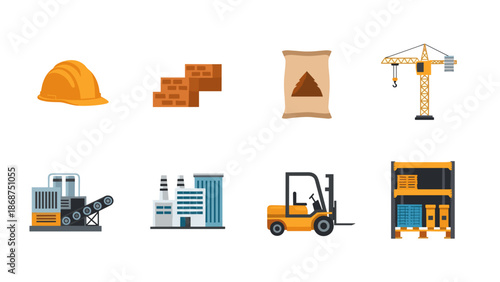 A set of construction icons including a hard hat, bricks, cement, crane, concrete mixer, building, forklift, and scaffolding in a flat, minimal design style.