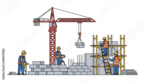 A vector graphic illustration of construction workers building a structure with a crane