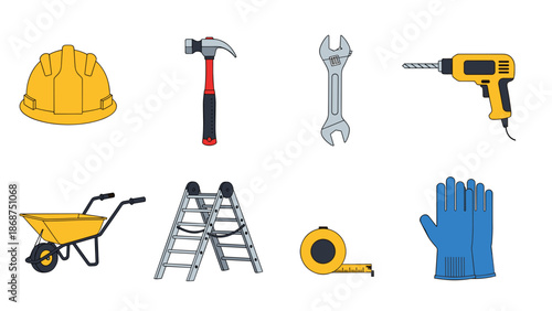 A set of colorful construction tools and equipment icons in a flat vector graphic design