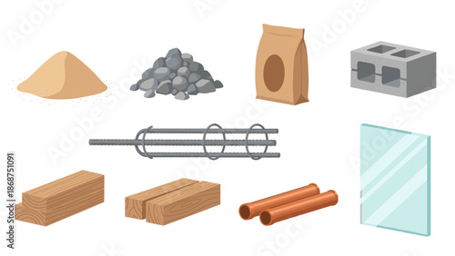 A vector graphic illustration of various construction materials and tools on a white background