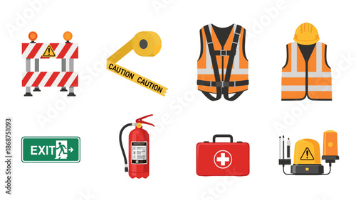 A set of colorful vector icons depicting various construction and safety equipment on a white background