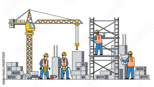A vector graphic illustration of construction workers in hard hats and safety vests working on a building site with a crane and scaffolding