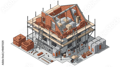 A 3D isometric illustration of a building under construction with scaffolding and exposed brick walls