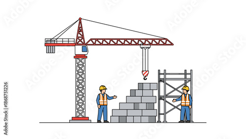 A vector graphic illustration of two construction workers building a structure with a crane