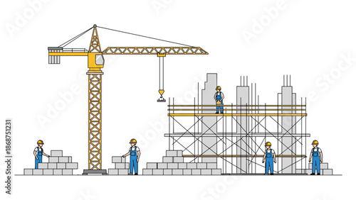 A vector graphic illustration of a construction site with a crane and workers building a structure