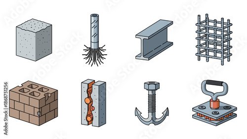 A set of eight industrial construction icons including a cube, rebar, fence, bricks, wall, anchor, hook, and welding