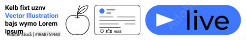 Social media marketing, live streaming, online engagement, user interface design, digital content creation, communication trends. Blue live button with play symbol, apple and notifications. Live