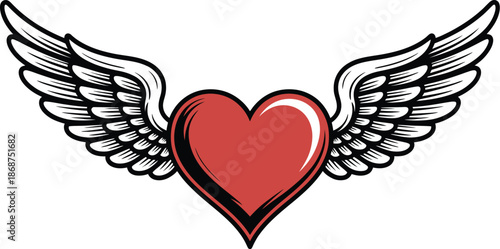 Stylized anatomical heart symbol pierced by a winged banner design illustrates everlasting love, devotion, and freedom in a bold graphic form.