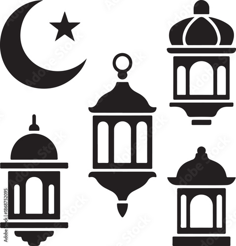 Symbolic elements including a crescent moon, star, and four decorative lanterns in black silhouettes