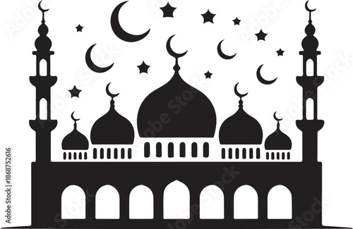 Black silhouette of an Islamic mosque building with multiple domes and minarets against a white sky