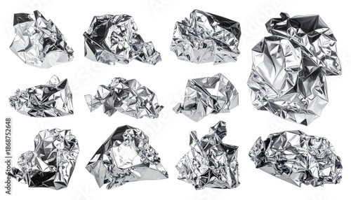 Silver crumpled aluminum foil scraps isolated on black, shiny, reflective