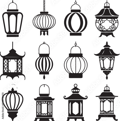 Collection of various traditional decorative lanterns presented as black silhouettes on a white background