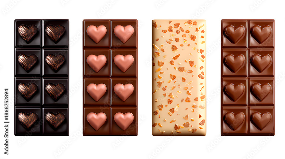 Obraz premium Four types of heart-shaped chocolate bars on transparent background