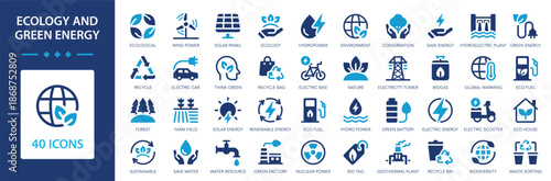 Ecology and Green Energy icons collection. Renewable energy, environment, sustainability, clean power sign set.