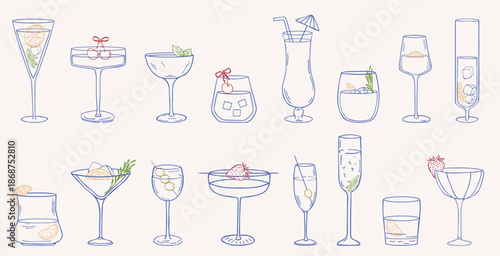 Collection of hand drawn vector illustrations of drinks and cocktails in different glasses with ice cubes, garnishes, citrus, cherry, strawberry, olives, doodle ink sketch style for wedding or party