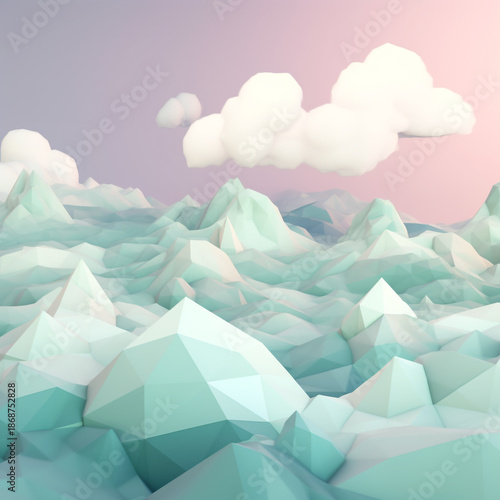 Minimalist Low Poly Mountain Range under Soft Clouds in a Pastel Sky Background