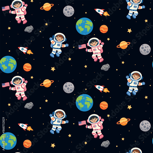 A pattern featuring astronauts in outer space