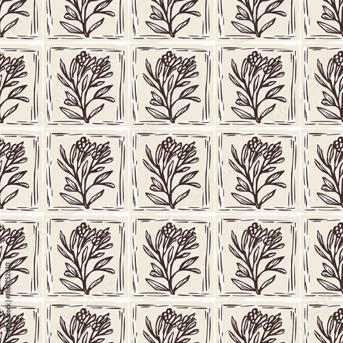 Hand drawn bold floral bloom lino cut style seamless pattern background. Flat vector stylish design wildflower motif Patchwork block print. Rustic neutral organic feel for fabric textile linen look