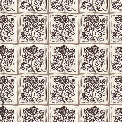 Hand drawn bold floral bloom lino cut style seamless pattern background. Flat vector stylish design wildflower motif Patchwork block print. Rustic neutral organic feel for fabric textile linen look
