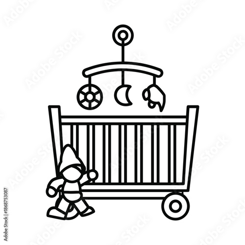 Baby in Crib with Mobile Cartoon Vector Icon
