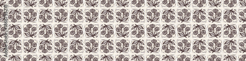 Hand drawn bold floral bloom lino cut style seamless pattern border background. Flat vector stylish design wildflower motif Patchwork block print tape. Rustic neutral organic banner edge linen look