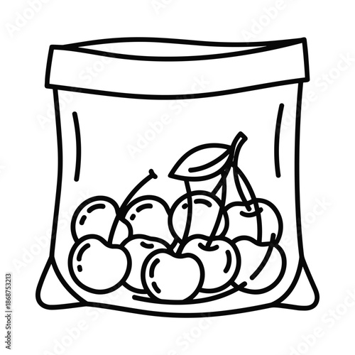 Black and white illustration of plums in a bag