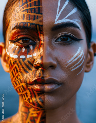 Split face portrait of tribal tradition versus modern glamour, artistic concept of cultural evolution and beauty.
