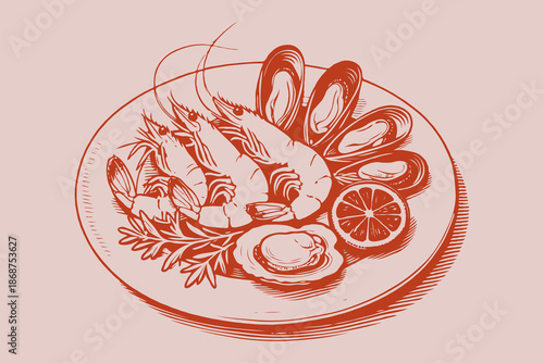 Illustration of a seafood dish with shrimp, mussels, oyster, and lemon in hand-drawn sketch style on a light pink background, concept of cuisine
