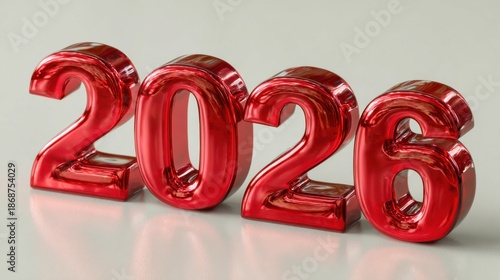 Modern greeting card with glossy 3D red “2026” text on white background