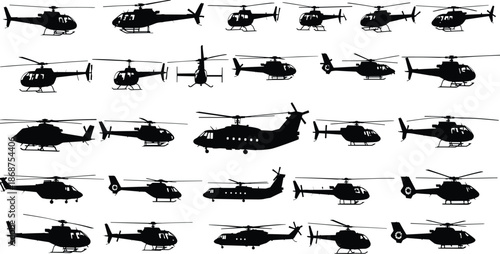 Helicopter silhouette collection, multiple aircraft views, military and civilian rotorcraft set, black vector icons, isolated white background, design, illustration, pack